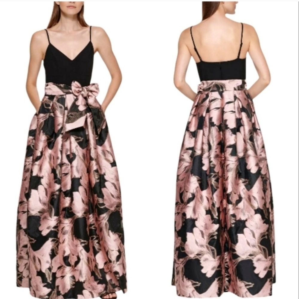 Eliza J Women's Gown Floral Jacquard Giant Bow Vneck Dress Pink Black Size 4 - Picture 2 of 12